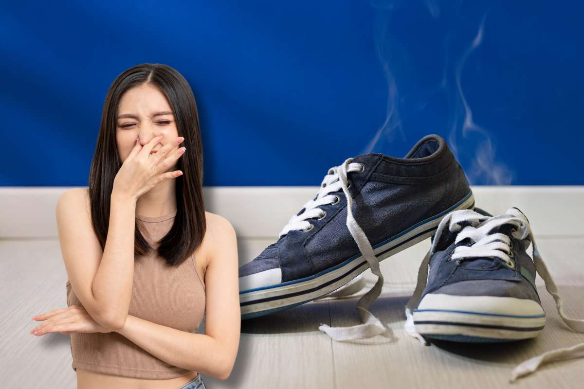 Ragazza che si tappa il naso perché le scarpe puzzano